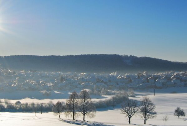 Bild von einer verschneiten Winterlandschaft, mit Wohnsiedlung im Hintergrund und strahlender Sonne