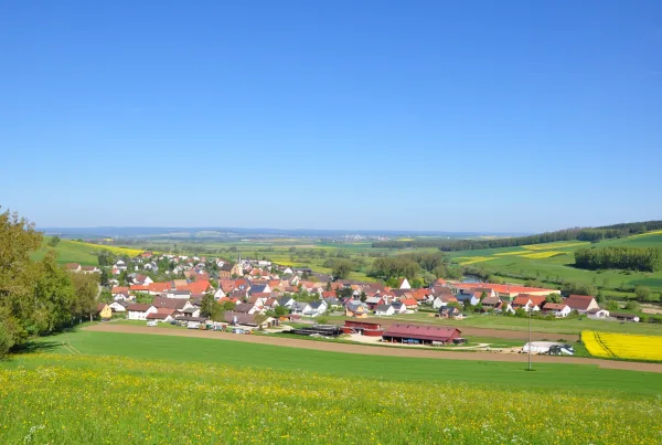 Bild mit Aussicht auf Gutmadingen von einer Anhöhe von einer grünen Wiese aus