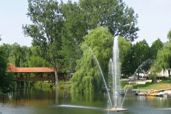 Bild der Donaubrücke in Tuttlingen mit Wasserfontäne im Vordergrund und seitlich liegen Tretboote am Ufer