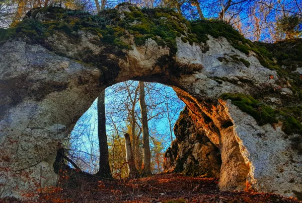 Bild mit Blick durch einen Felsenbogen im Wald, moosbewachsen und blauem Himmel