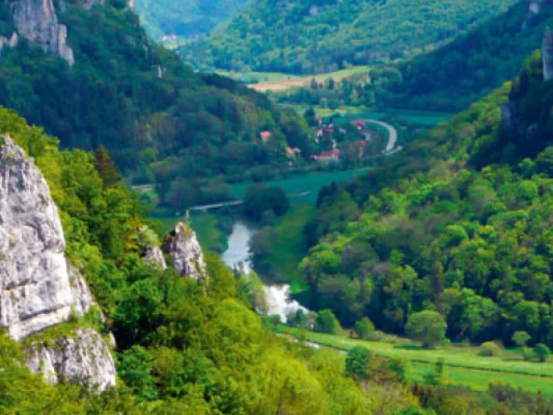 Bild von oben in ein Tal mit Häusern und bewaldet