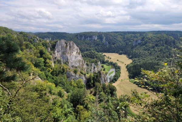Blick von oben in ein Flusstal bewaldeten Hängen und einem großem Felsmassiv.