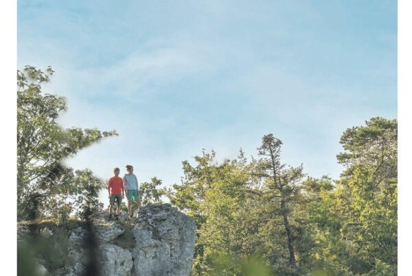 Titelbild mit zwei Wandernden auf Felskpf im Donautal